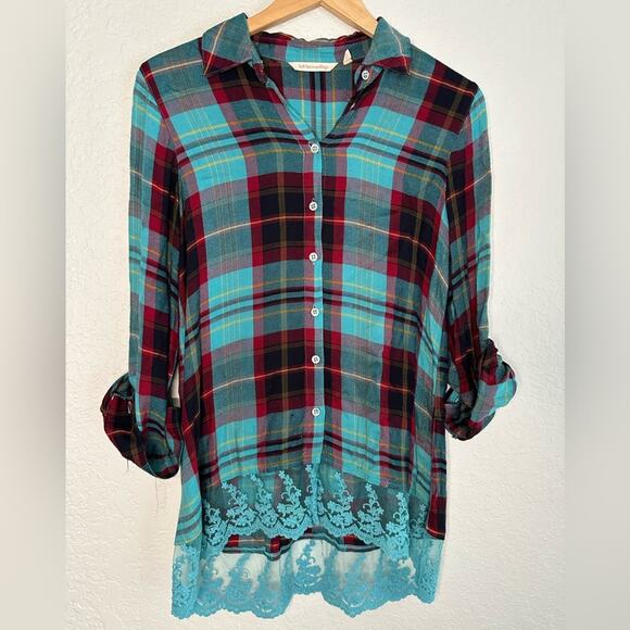 Soft Surroundings Tops - Preppy Goth Plaid Lace Button Up Shirt Viscose Soft Surroundings Western Cowgirl